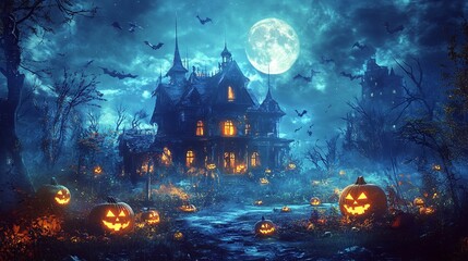 Wall Mural - a halloween scene with a haunted house, full moon, and spooky decorations scattered through a dark f