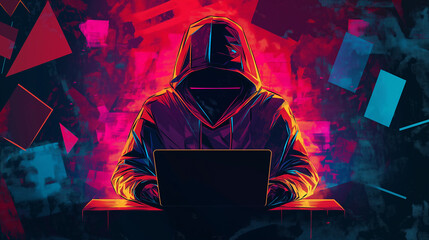 Pop art concept hacker with laptop. Colorful background in pop art retro comic style.