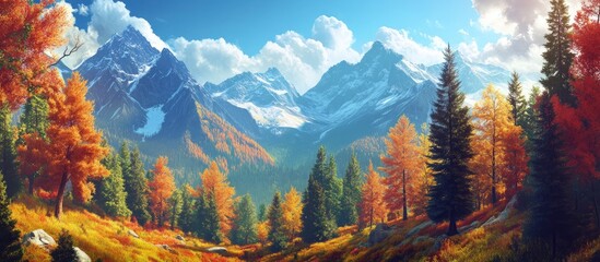 Leinwandbilder - Autumn mountain landscape with a vibrant forest. with copy space image. Place for adding text or design