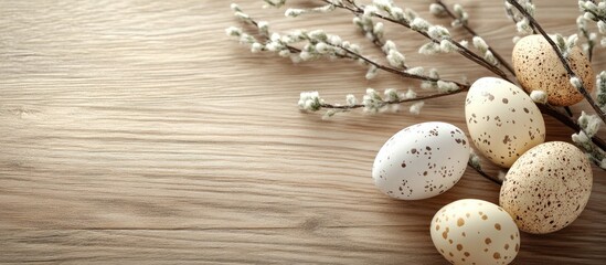 Poster - Easter eggs and a willow branch on a wooden backdrop Layout includes space for your text. with copy space image. Place for adding text or design