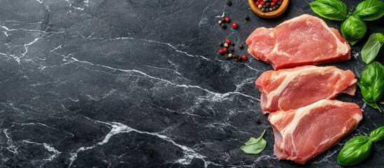 Aufkleber - Sliced cuts of raw pork meat Fresh meat dry sumac garlic and basil leaves Healthy cooking food idea fashionable hard light and dark shadows Marble stone background copyspace