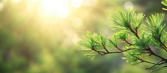 Fototapete - Young shoots of pine possibly black pine Pinus Nigra Green shoots on branches in a spring garden Copyspace Selective focus