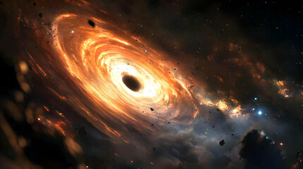 Wall Mural - A swirling black hole in space with glowing orange gas and stars.