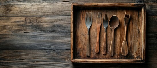 Poster - Vintage wooden cutlery and tray placed on a brown wooden surface Copy space
