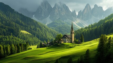 Canvas Print - Scenic countryside view in Funes Valley, South Tyrol, Italy. The dramatic landscape of the Dolomites features the St. Magdalena Church in Puez Odle National Park.