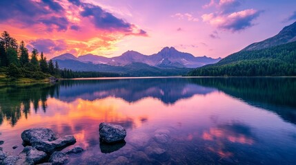 Canvas Print - Stunning mountain lake in High Tatra National Park. Colorful sunset sky reflecting on the water. Strbske Pleso, Slovakia, Europe.