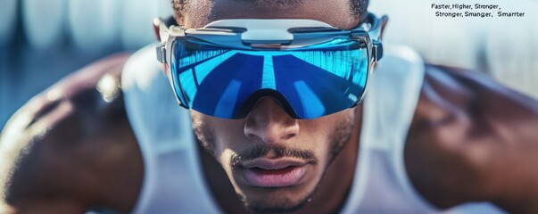 Close-up of a sprinter wearing VR goggles at the starting line, showcasing modern technology and athletic determination in a futuristic sports setting