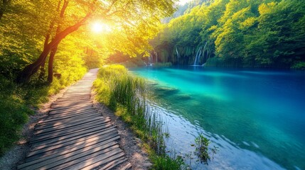 Canvas Print - Stunning turquoise lake and radiant sunshine create a majestic spectacle in Plitvice Lakes National Park, Croatia, Europe. A unique and captivating scene showcasing the beauty of nature.