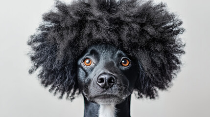 Wall Mural - dog in a black afro wig isolated on white background. groomer concept