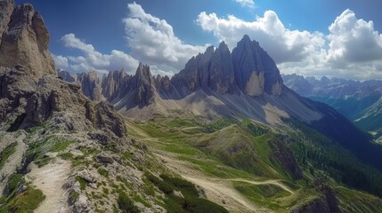 Canvas Print - Sweeping panorama of Cadini di Misurina mountains in Tre Cime di Lavaredo National Park, Dolomites. Located in Auronzo, Italy. Majestic and awe-inspiring scene showcasing nature's beauty.