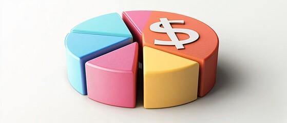 Pie chart with dollar signs, colorful dividers, on white background. in concept cost management