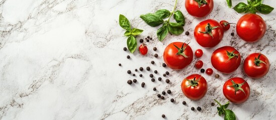 Poster - Raw tomatoes herbs and black pepper on a light concrete surface Top view with copyspace