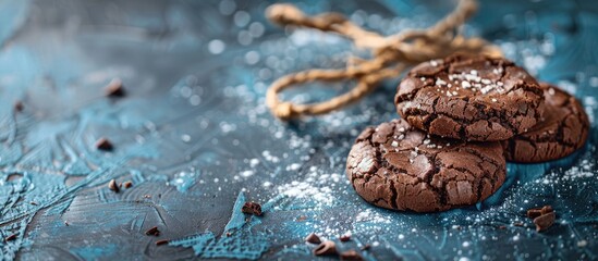 Poster - Chocolate crackle cookies on a blue backdrop copy space