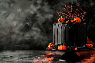 Black and orange halloween cake on dark background