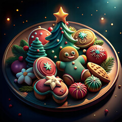 Festive Christmas cookies and decorations on wooden background with copy space