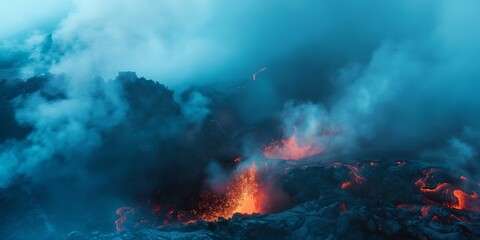 Wall Mural - Abstract background with volcanic lava and light fog on blue background.