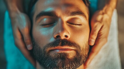 Bearded man receiving a relaxing facial massage, eyes closed in serene contentment. Hands gently caress his temples, promoting wellness and stress relief.