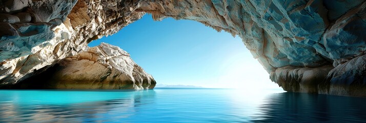 Stunning seascape with a sunlit cave opening to crystal clear blue waters, showcasing natural beauty and tranquility of coastal paradise.