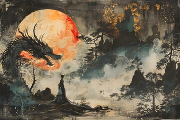 Sticker - Dragon Moon and Woman in a Dreamy Landscape.