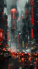 Sticker - Cyberpunk Cityscape at Night with Rain.