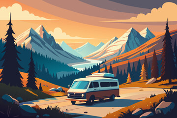 Wall Mural - Design a flat illustration of a car driving through villages and river