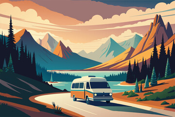 Wall Mural - Hipster camper Van riding on road