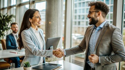 Sticker - colleagues handshake in office businesswoman