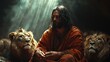 © Artistic Playground - Jesus sitting in the cave with lions, light shining down on him from above, three lions sit next to Jesus
