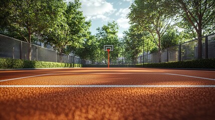 Empty basketball court in a park surrounded by trees on a sunny day