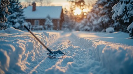 Snow-covered pathway with a shovel after heavy snowfall near a cozy cabin