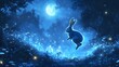 © afrah - A rabbit leaping through a moonlit forest, with glowing mushrooms and fireflies illuminating the scene, casting soft blue shadows