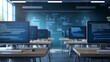 © Maria Mikhaylichenko - Modern computer lab with rows of desks displaying code on monitors. Dark atmosphere with blue glow from screens creates a focused coding environment.