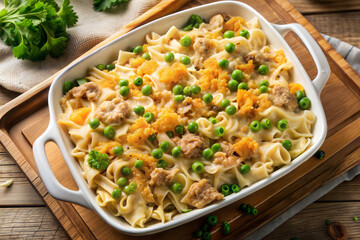 Tuna noodle casserole economical retro dish. Home cooks families on tight economy budgets in the 1950s and continues to be a nostalgic favorite dish. Top view.