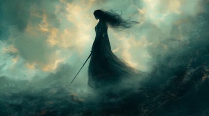 digital painting style illustration silhouette of a mage with smoke and magic emerge around