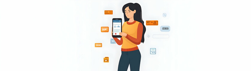 Wall Mural - Woman Using Mobile Banking to Pay for Utilities concept as A woman using a mobile banking app to pay for utilities set against a plain background with ample space for text or graphics. in  Simple flat