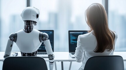 A female employee in an elegant suit and a humanoid AI sit side by side in a chair holding a laptop to work together. Artificial intelligence and human colleagues work together, employment concept.