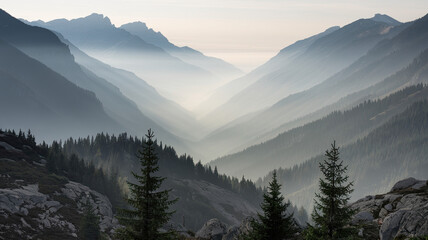 Breathtaking mountainous landscape featuring majestic peaks in the background, misty atmosphere, evergreen trees, and rocky outcrops, captured in the early morning light