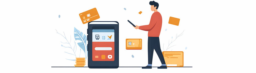 Wall Mural - Person Paying with Mobile Payment App concept as A person paying using a mobile payment app on their phone set against a plain background with ample space for text or design elements. in  Simple flat 