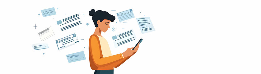 Wall Mural - Person Reviewing Bank Statements on Phone concept as A person reviewing bank statements on their phone with a plain background providing space for text or design elements. in  Simple flat vector illus