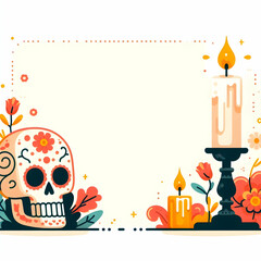 Flat Calavera and Candle Border with Copy Space concept as A border frame featuring a calavera on the left and a lit candle on the right with ample space in between for text or images. The design is b