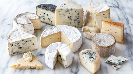 Artisanal cheese platter, white marble tabletop, variety of cheeses, brie, blue cheese, gouda, camembert, cheese wheel slices, soft and hard cheeses, rich textures, food styling.