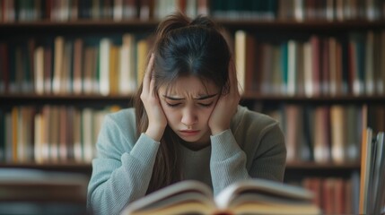 Frustrated Student Studying with Stack of Books.  Mental health care. 