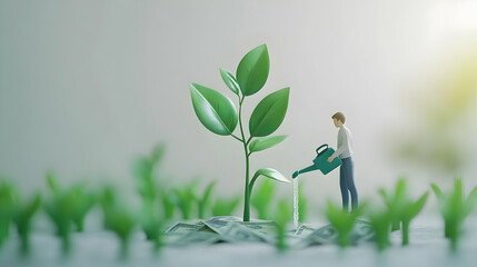 3D Icon Person Watering Money Plant concept as A person watering a plant growing money with a clean background offering ample space for text or graphics symbolizing financial growth through sustainabl