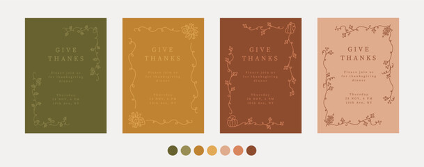 Collection of 4 thanksgiving card invitation templates. Whimsical autumn frames in line art style, cozy autumn palette. Fall wedding party invitation. A4 card size. Vector hand drawn graphic set