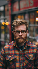 Stylish Bearded Man in Plaid Shirt Standing in Urban Setting with Vintage Glasses