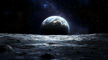 A view of Earth from the surface of the moon, with a dark, rocky foreground and a starry sky.