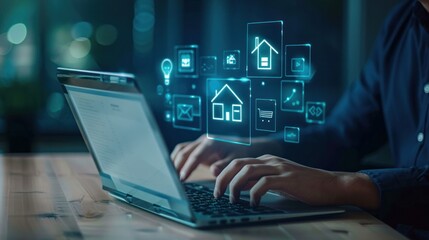 Strategic business success. Real estate investment. Financial planning and investment business development. Businessman use laptop with house icon for analyzing mortgage loan home and insurance real