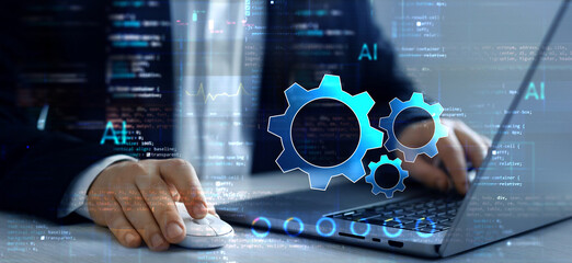 Software apps developer and IT revolution.Digital software development.Javascript and digital computer code, agile development system.System engineer and programming digital development. 