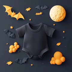 Baby bodysuit, bats flying, full moon, dark sky, 3D illustration