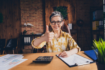 Wall Mural - Photo of attractive successful nice woman economist bookkeeper thumb up agreement indoors workstation workspace